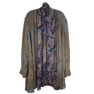 VTG Platinum Dorothy Schoelen Open Front Jacket Attached Scarf Tan Purple Large